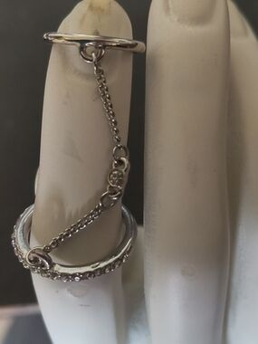 Silver Linked Double Ring with Chain and Rhinestone Accents